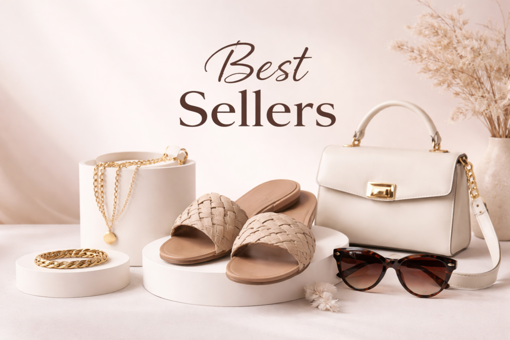Popular fashion products including handbag, sandals, sunglasses and jewelry displayed in clean studio setup with Best Sellers text for ecommerce banner