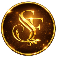 Golden “SF” monogram logo in a circular shape with glowing gold border, elegant leaf design, and luxury sparkling effect on transparent background.