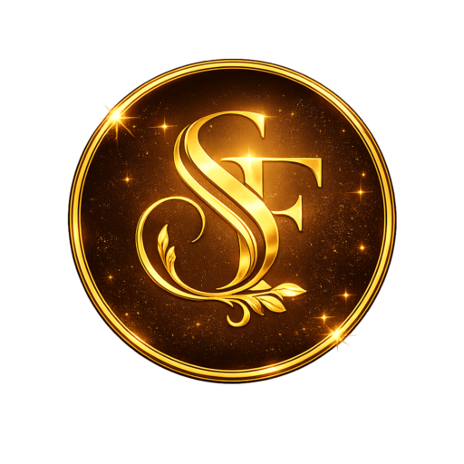 Golden “SF” monogram logo in a circular shape with glowing gold border, elegant leaf design, and luxury sparkling effect on transparent background.