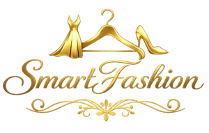SmartFashion luxury gold logo with cursive typography, dress, hanger and high heel fashion icons on elegant background