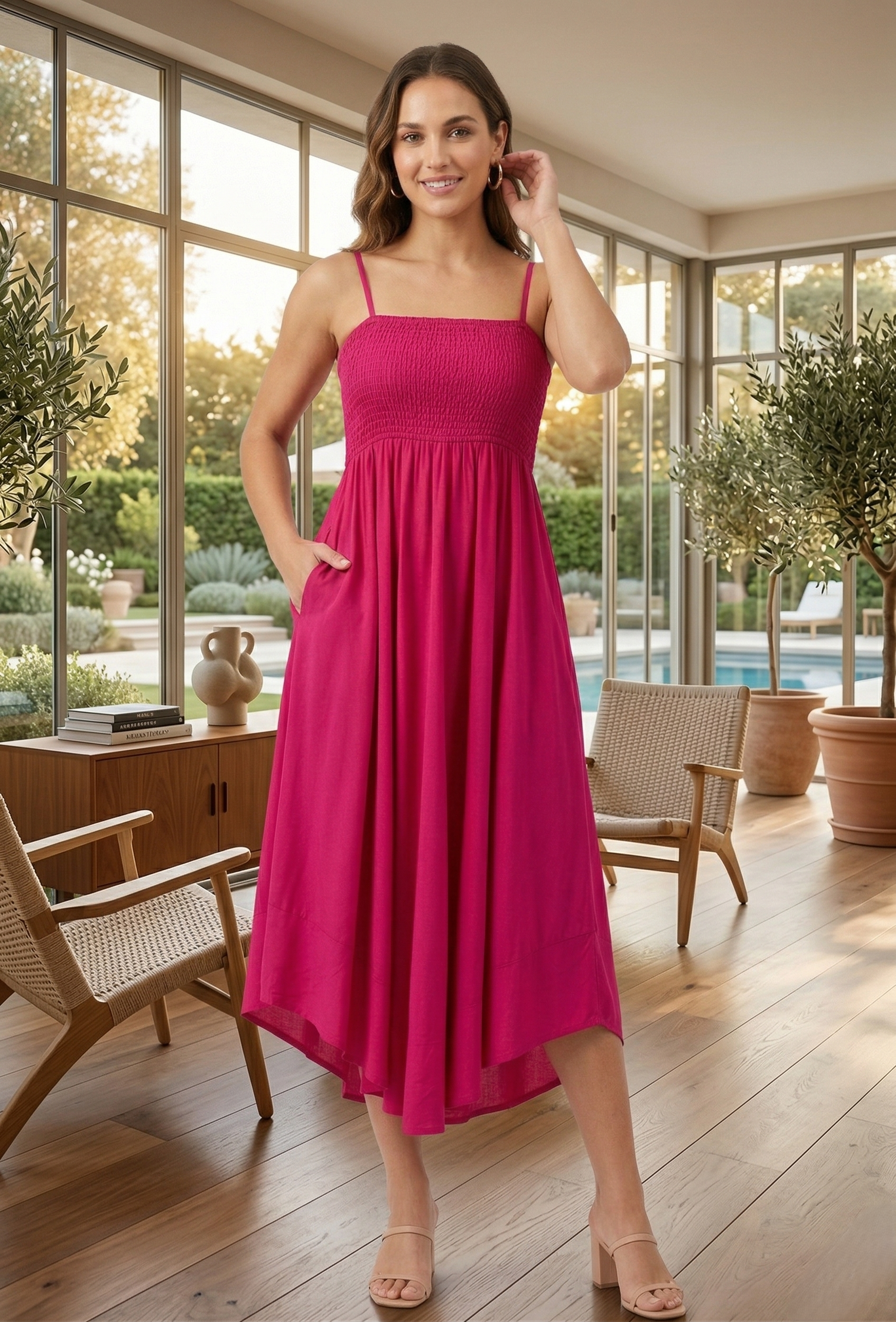 women Pink maxi dress full length rayon boho summer dress spaghetti strap