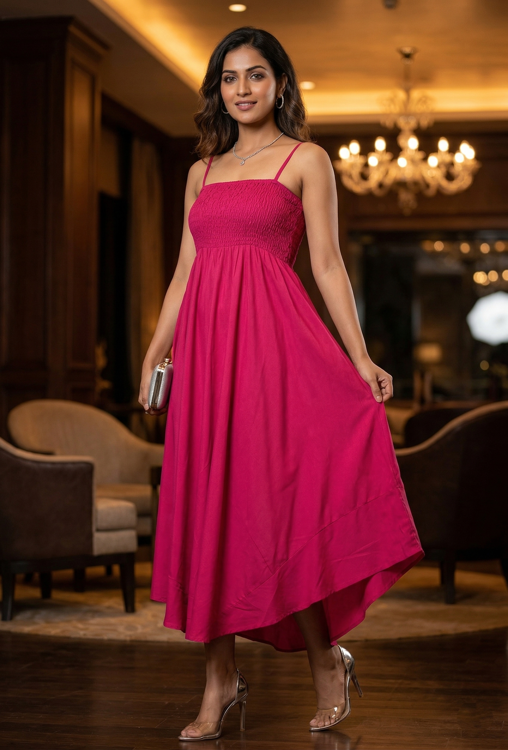 Stylish woman wearing a pink smocked midi dress standing confidently on a modern city street with skyscrapers in the background