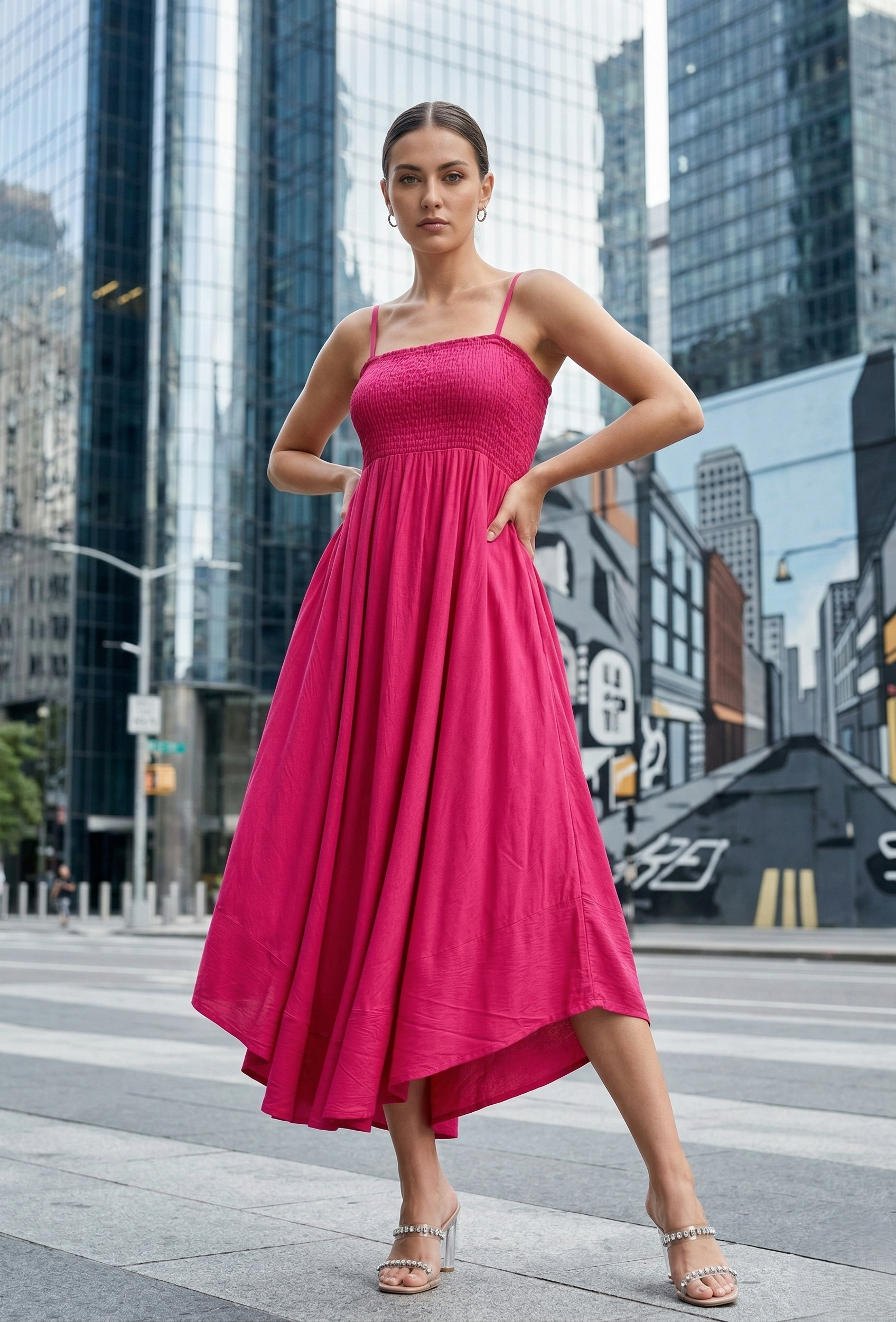 Stylish woman wearing a pink smocked midi dress standing confidently on a modern city street with skyscrapers in the background