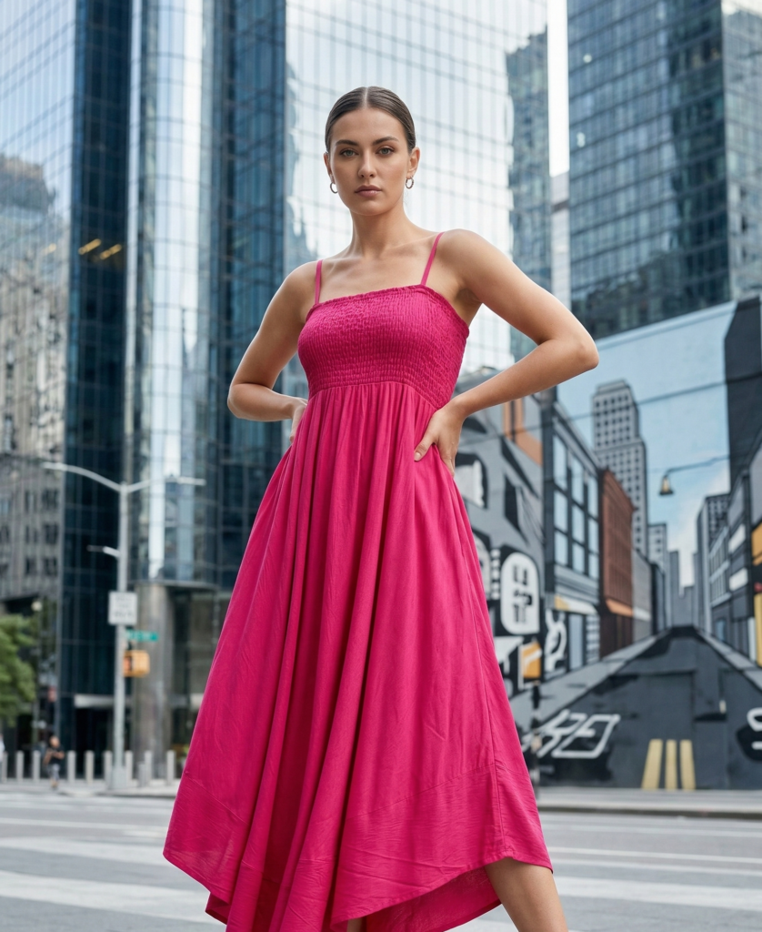Stylish woman wearing a pink smocked midi dress standing confidently on a modern city street with skyscrapers in the background
