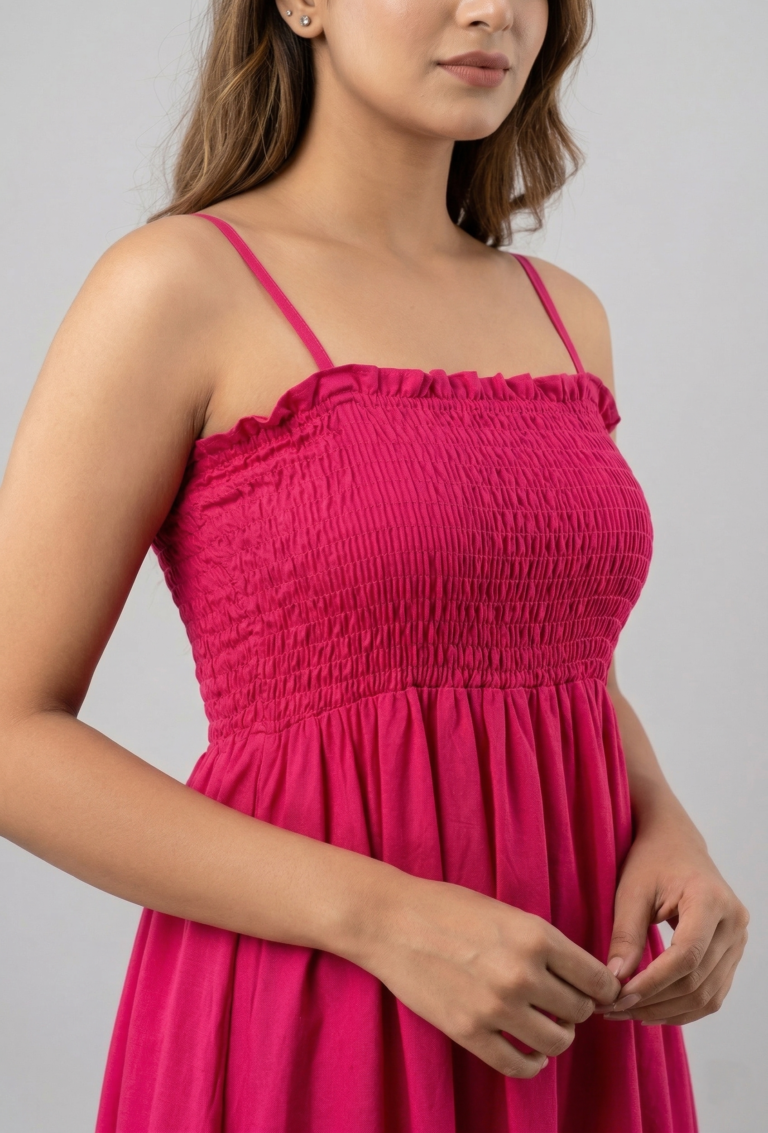 Stylish woman wearing a pink smocked midi dress standing confidently on a modern city street with skyscrapers in the background