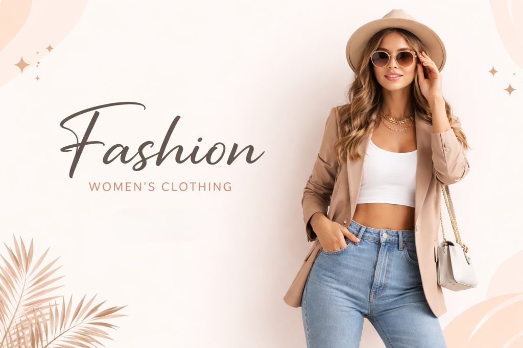 Stylish woman model wearing modern outfit for women’s fashion clothing category banner with clean ecommerce design