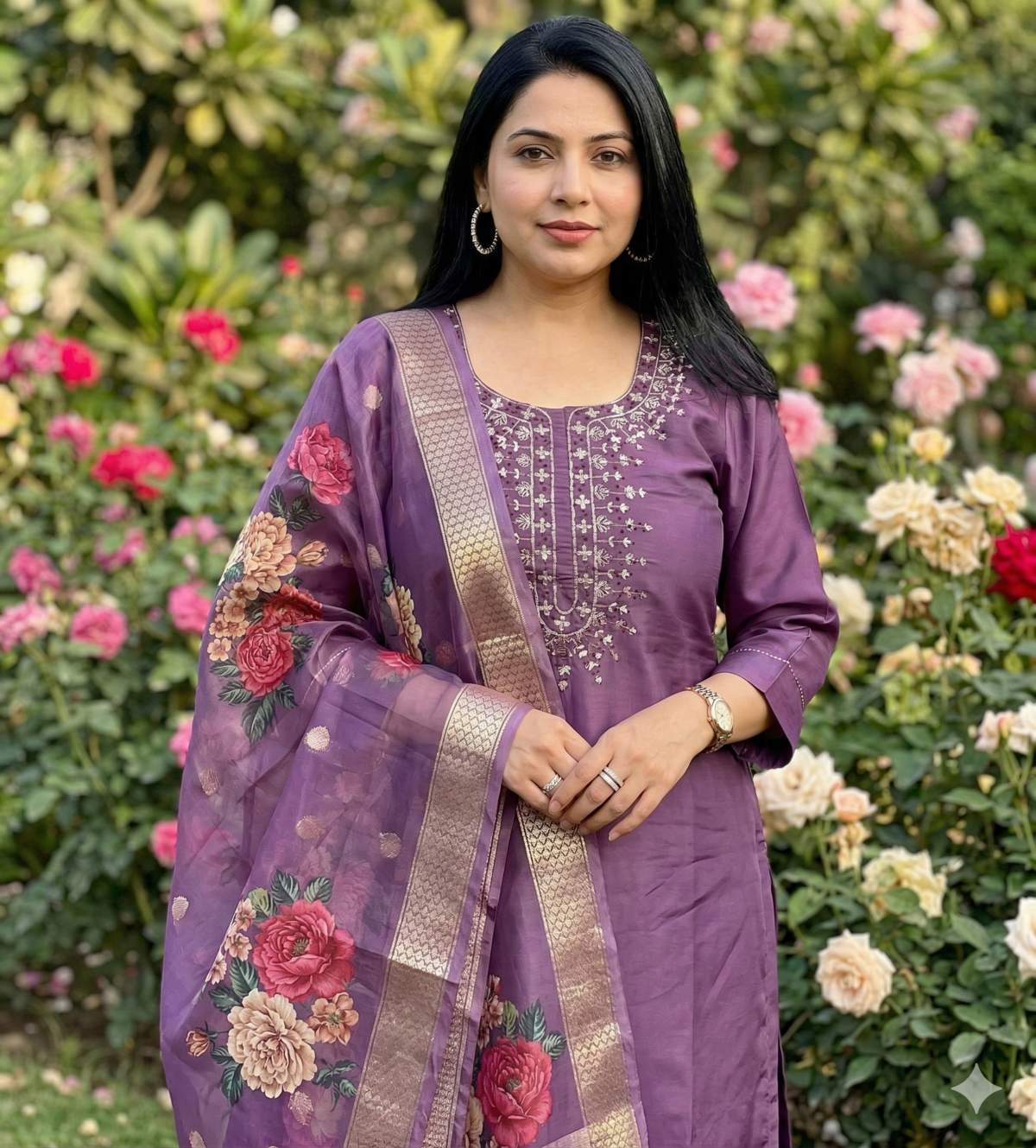 women fancy cotton blend kurta set with dupatta outdoor garden photoshoot ethnic wear salwar suit for women