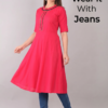 Pink-flared-cotton-kurti-for-women-with-jeans-for-women. Pink flared cotton kurti for women paired with blue jeans stylish casual outfit