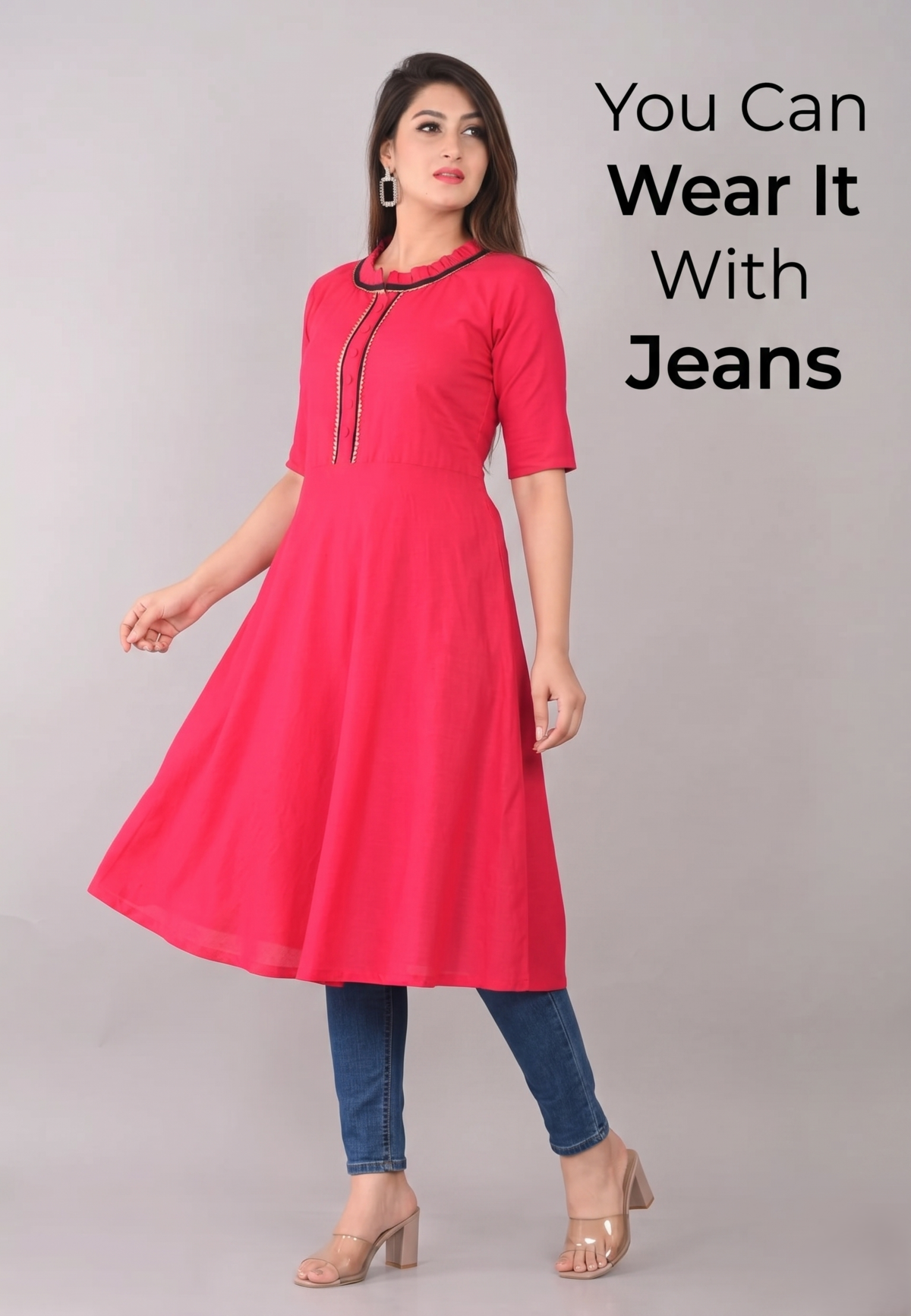 Pink-flared-cotton-kurti-for-women-with-jeans-for-women. Pink flared cotton kurti for women paired with blue jeans stylish casual outfit