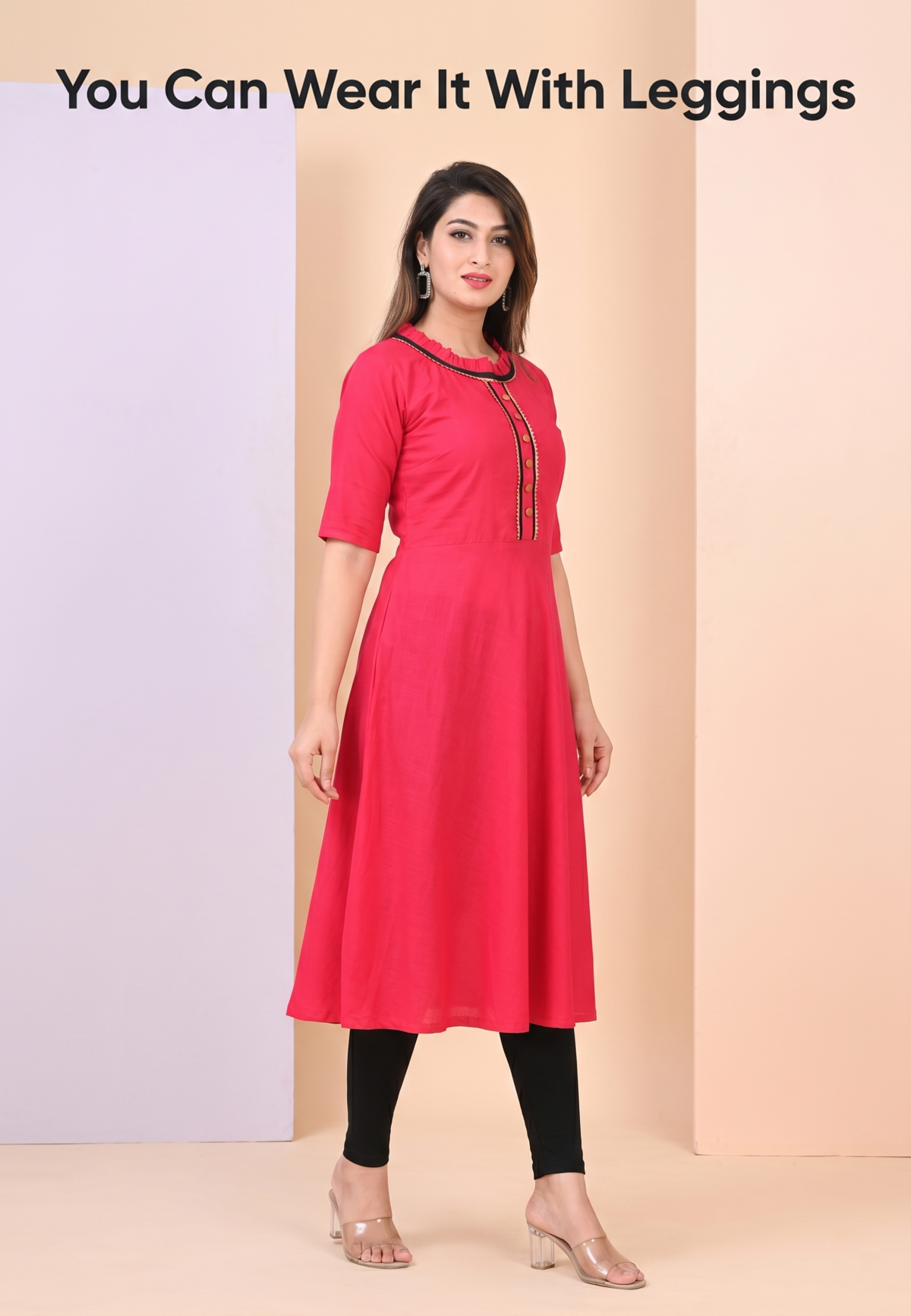 Pink-flared-cotton-kurti-for-women-with-leggings Pink flared cotton kurti for women with black leggings comfortable daily wear outfit