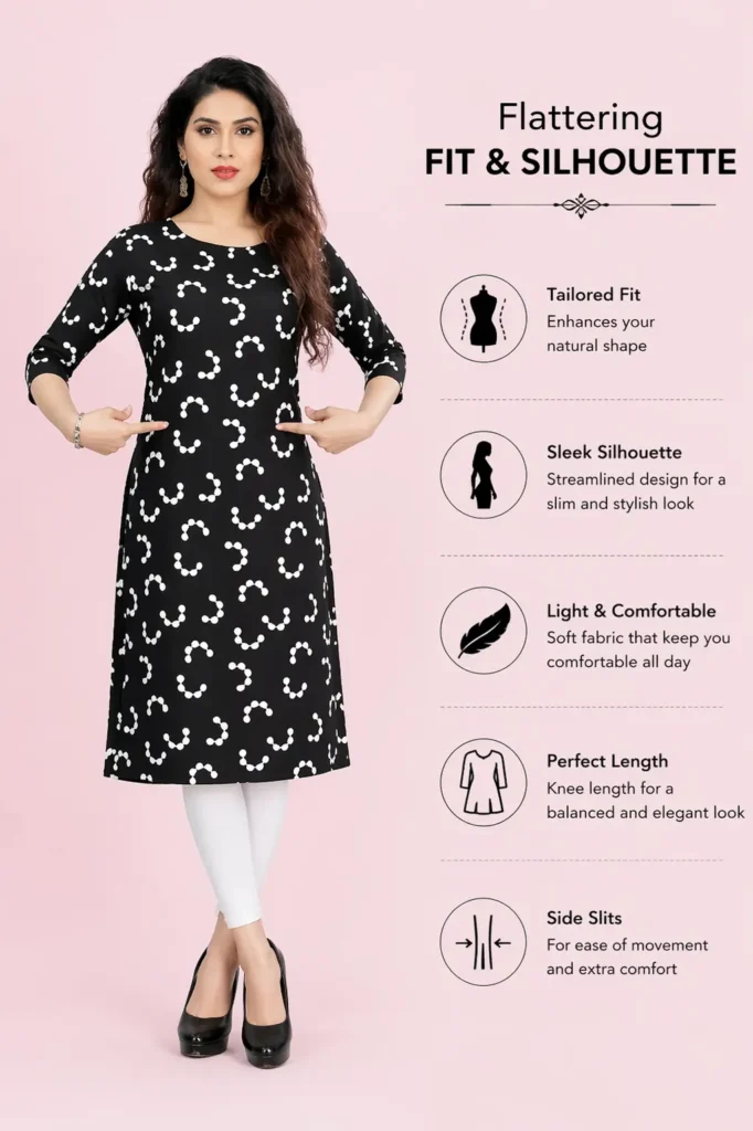 Black printed kurti for women, stylish straight fit crepe kurti with flattering silhouette and daily wear comfort