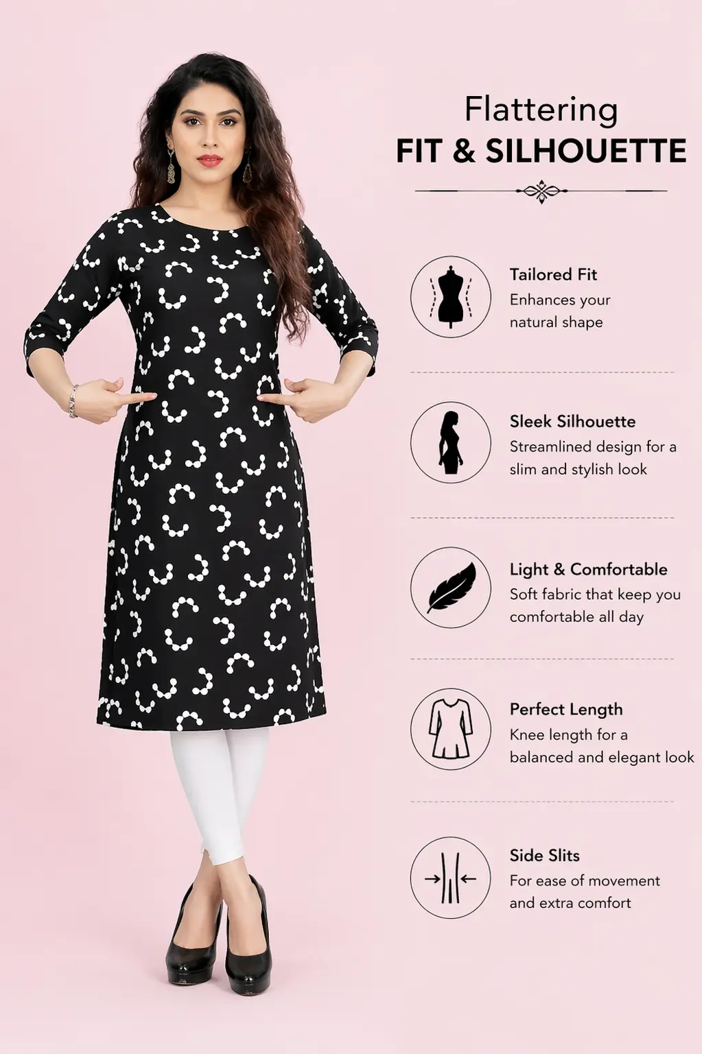 Black printed kurti for women, stylish straight fit crepe kurti with flattering silhouette and daily wear comfort