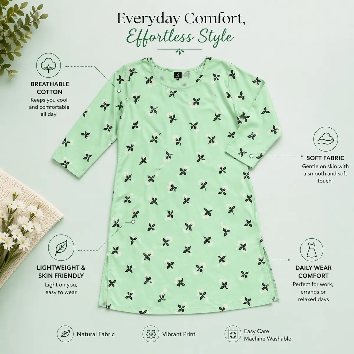 Green printed crepe kurti flat lay, breathable lightweight fabric daily wear kurti for women with soft texture
