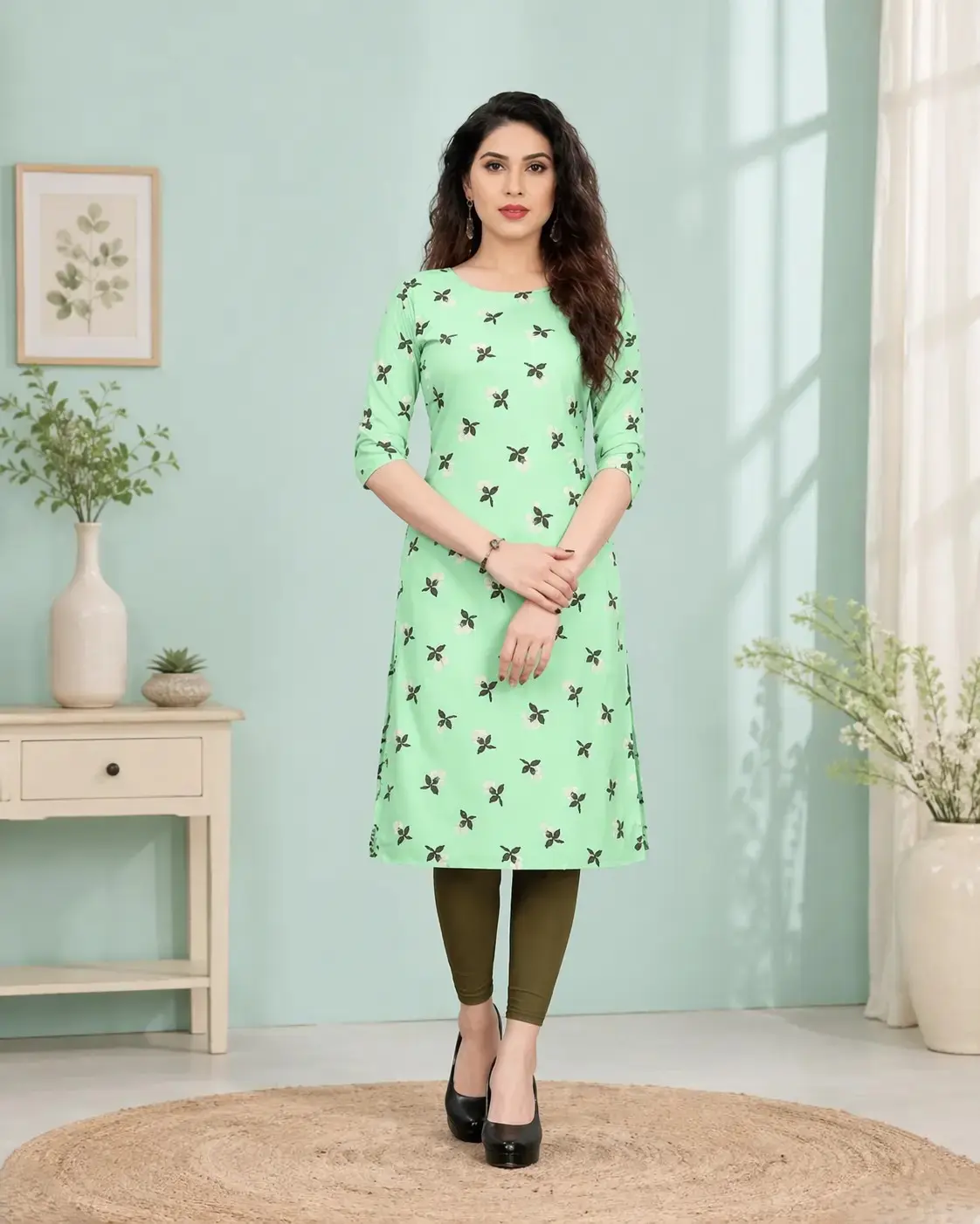 Green printed crepe kurti for women, daily wear straight kurti with 3/4 sleeves, stylish casual kurti outfit
