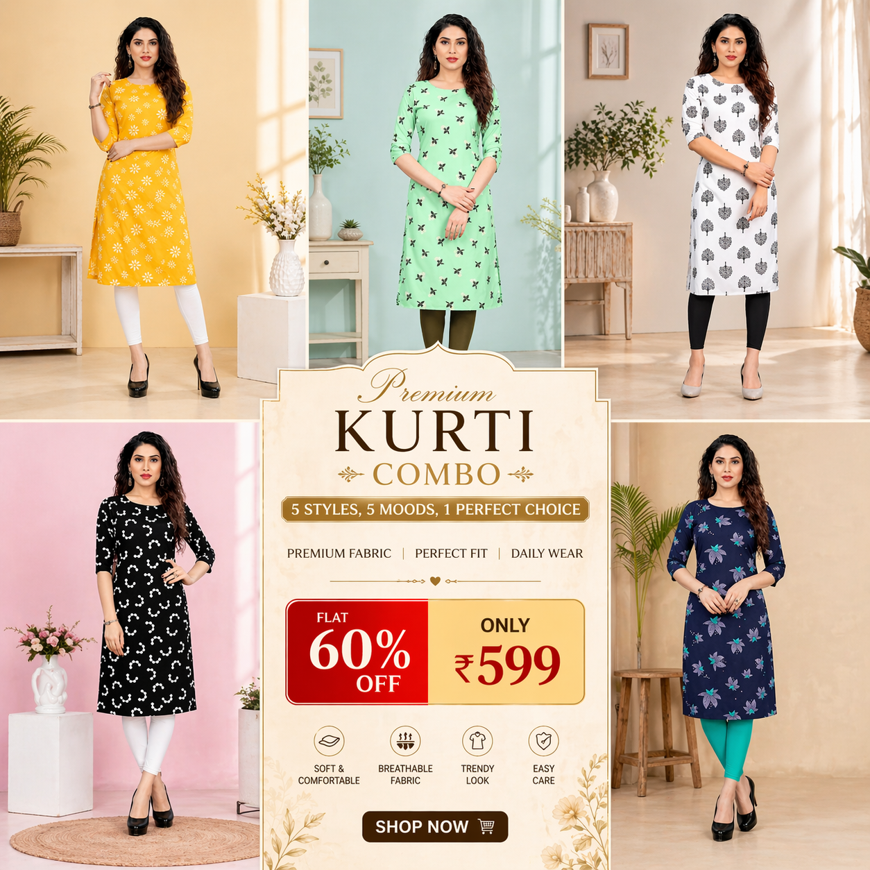 Kurti for Women Combo Pack of 5 | Daily Wear Kurti Set | Printed Kurtis | Stylish Long Kurti | Crepe Fabric Kurti Top for Women - Image 4