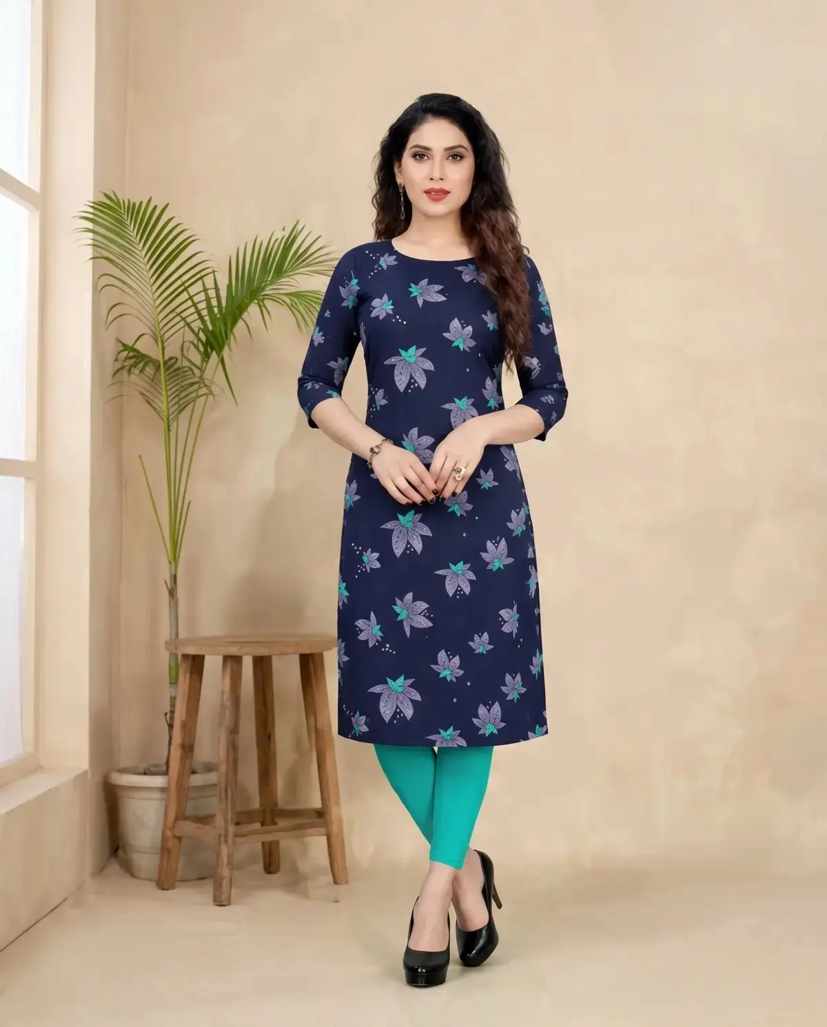 Navy blue floral printed kurti for women, crepe fabric daily wear kurti, elegant straight fit kurti design
