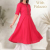 pink-flared-kurti-with-palazzo-for-women Pink flared cotton kurti for women paired with white palazzo pants stylish ethnic wear outfit