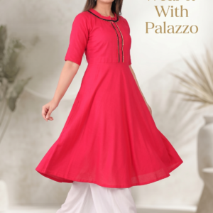 Pink flared cotton kurti for women paired with white palazzo pants stylish ethnic wear outfit