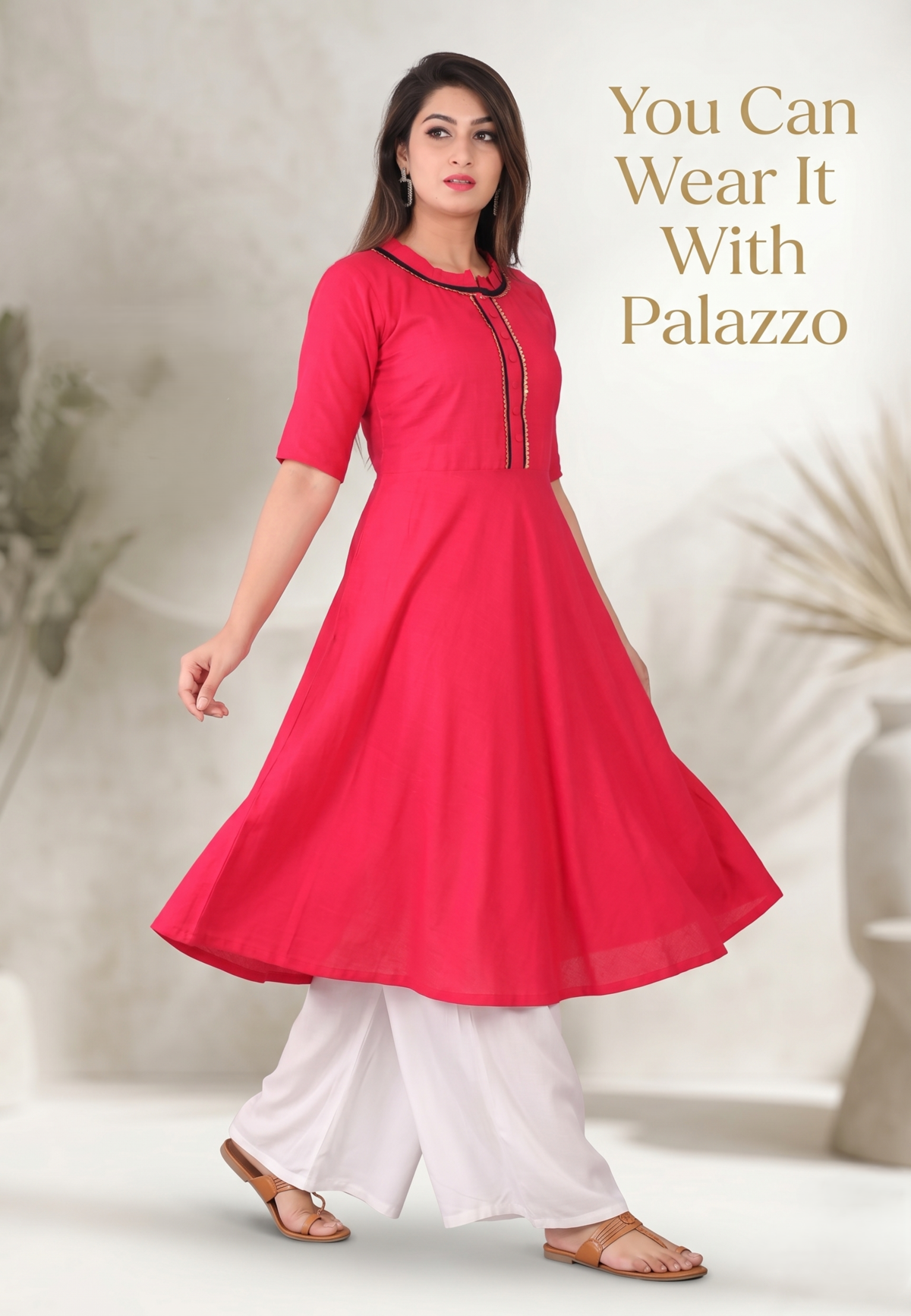 pink-flared-kurti-with-palazzo-for-women Pink flared cotton kurti for women paired with white palazzo pants stylish ethnic wear outfit