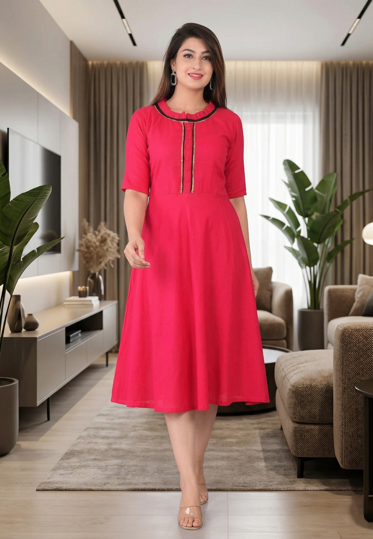 pink-womens-knee-length-dress-lifestyle-indoor.jpg Pink flared cotton kurti for women indoor lifestyle walking pose stylish ethnic wear