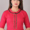 pink-womens-knee-length-dress-neckline-detail.jpg Pink flared cotton kurti for women neckline design with zipper and black piping detail