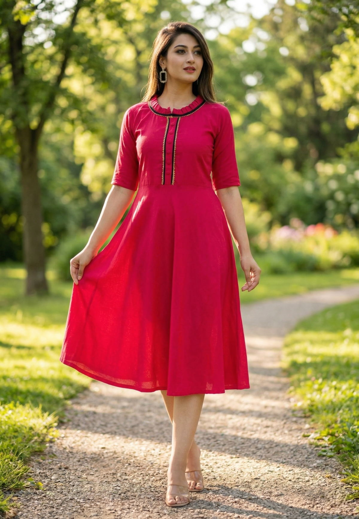 pink-womens-knee-length-dress-outdoor-walk.jpg Pink flared cotton kurti for women outdoor garden walking pose stylish casual ethnic outfit