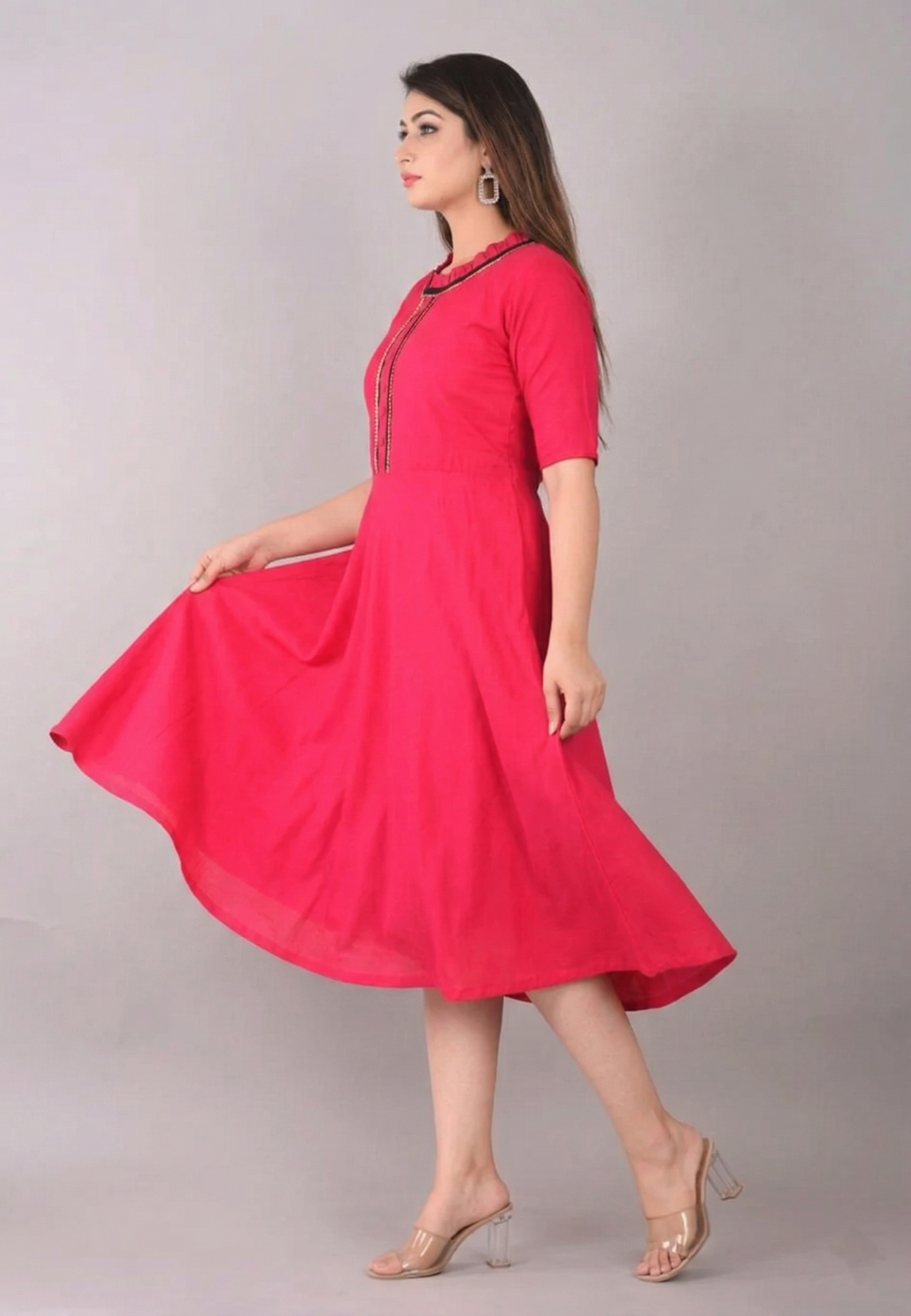 pink-womens-knee-length-dress-side-view.jpg Pink flared cotton kurti for women side view showing fit and flare design