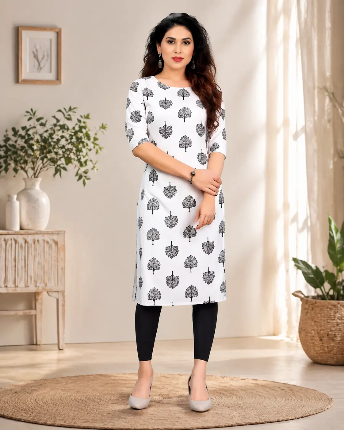 White crepe kurti for women, straight fit daily wear kurti with 3/4 sleeves, minimal printed kurti design