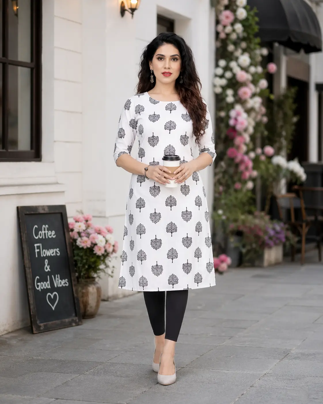 White printed kurti for women, casual daily wear kurti with black leggings, stylish straight kurti outfit