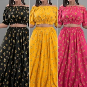 floral Women co ord set black yellow pink, off shoulder crop top and long skirt set, stylish two piece outfit for women, skirt and top set