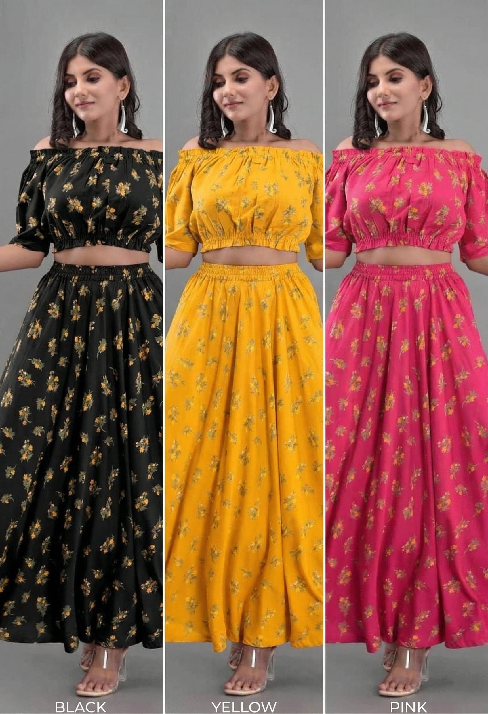 floral Women co ord set black yellow pink, off shoulder crop top and long skirt set, stylish two piece outfit for women, skirt and top set