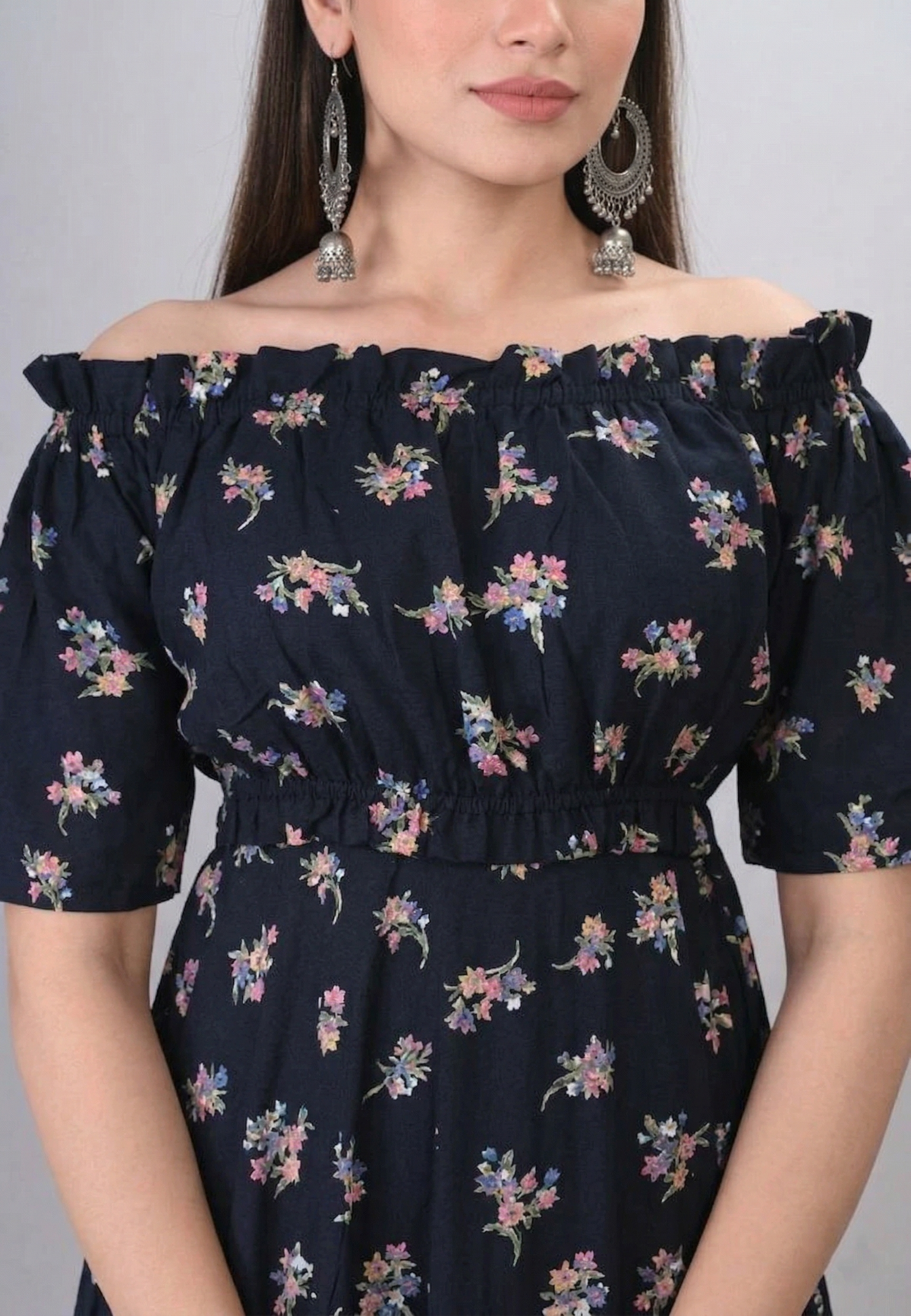 Close up of floral print fabric in women off shoulder co-ord set