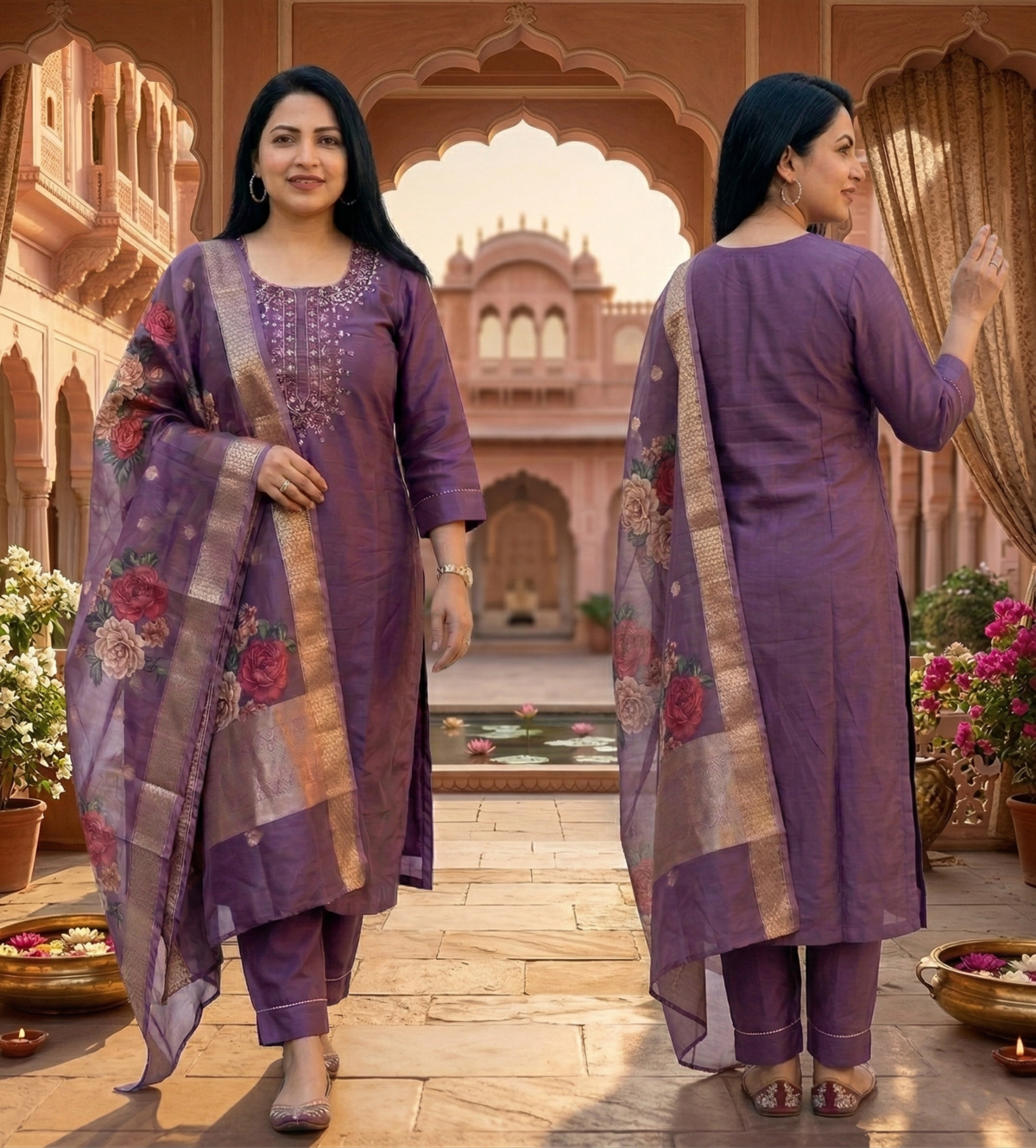 women cotton blend kurta set with dupatta front and back view ethnic wear salwar suit ecommerce image