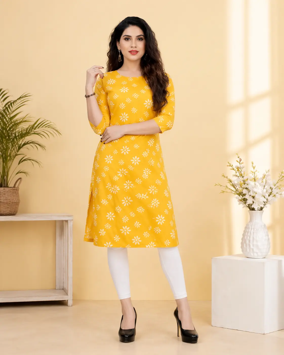 Yellow printed kurti for women, stylish daily wear crepe kurti, lightweight casual kurti with floral pattern